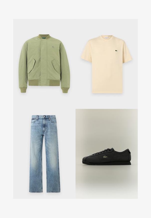 Grüne Bomberjacke mit geripptem Kragen und Bündchen, zwei schrägen Fronttaschen und einem kleinen Lacoste-Logo auf der Brust. Glatte Stoffoberfläche.; Beiges T-Shirt mit kurzen Ärmeln und Rundhalsausschnitt, mit kleinem grünem Krokodil-Logo auf der linken Brust, vor weißem Hintergrund dargestellt.; Hellblaue Jeans mit geradem Bein, hohem Bund, fünf Taschen, Knopfverschluss und dezentem Verblassen an Oberschenkeln und Knien.; Schwarzer Sneaker mit niedrigem Profil, Schnürung vorne, strukturierter Sohle und kleinem Krokodil-Logo an der Seite, auf neutralem Hintergrund dargestellt.