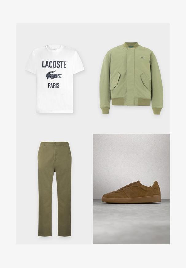 Veste bomber verte avec un col et des poignets côtelés, deux poches avant en angle et un petit logo Lacoste sur la poitrine. Texture de tissu lisse.; T-shirt blanc à manches courtes avec texte noir "LACOSTE", un grand imprimé crocodile noir et texte "PARIS" en dessous sur le devant.; Pantalon en coton léger de couleur vert olive avec une taille élastiquée, une fermeture à boutons, et une coupe droite. Pas de motifs ou accents visibles.; Baskets en daim marron avec des lacets couleur fauve et une semelle en caoutchouc. Présente un bout arrondi et des détails cousus sur la tige. Design léger.