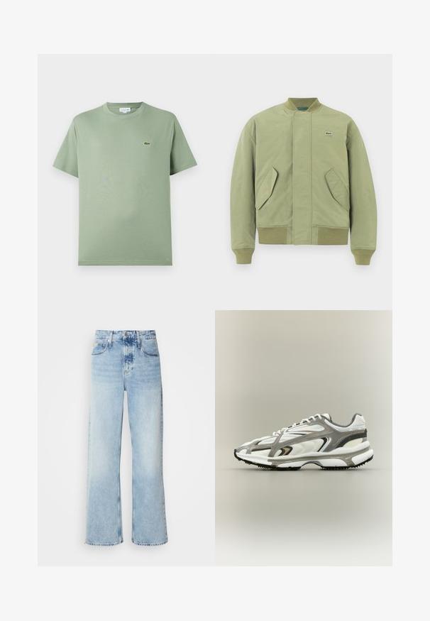 Grüne Bomberjacke mit geripptem Kragen und Bündchen, zwei schrägen Fronttaschen und einem kleinen Lacoste-Logo auf der Brust. Glatte Stoffoberfläche.; Hellgrünes Baumwoll-T-Shirt mit Rundhalsausschnitt, kurzen Ärmeln und einem kleinen Logo auf der linken Brust. Glatte Textur, normale Passform.; Helle blaue weite Jeans mit hoher Taille, in verwaschenem Finish, mit Gürtelschlaufen und klassischem Fünf-Taschen-Design. Der Saum ist ungesäumt.; Sportschuh mit einem weißen Mesh-Obermaterial, grauen Akzenten, schwarzer Gummisohle und einem aerodynamischen Design. Verfügt über Schnürsenkel und strukturierte Details.