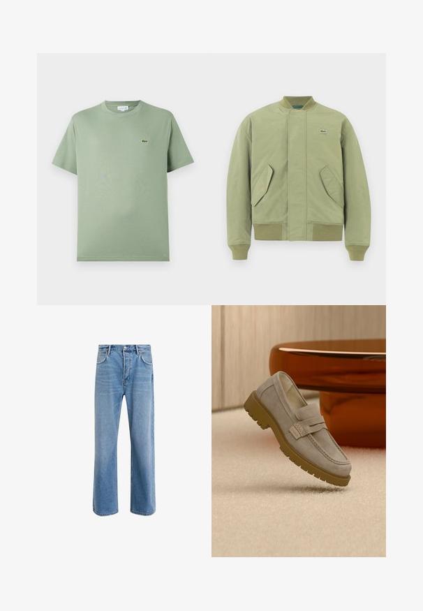Grüne Bomberjacke mit geripptem Kragen und Bündchen, zwei schrägen Fronttaschen und einem kleinen Lacoste-Logo auf der Brust. Glatte Stoffoberfläche.; Hellgrünes Baumwoll-T-Shirt mit Rundhalsausschnitt, kurzen Ärmeln und einem kleinen Logo auf der linken Brust. Glatte Textur, normale Passform.; Helle blaue Jeans im Geradeschnitt-Design, mit fünf Taschen, Knopfverschluss, minimaler Ausbleichung und kontrastierenden Nähdetails.; Hellgrauer Wildleder-Slipper mit grober brauner Gummisohle auf beigem Teppich vor einem verschwommenen braunen runden Tisch platziert.