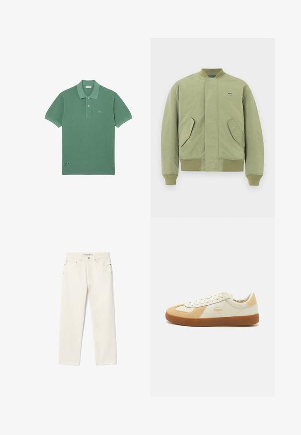 Chaqueta bomber verde con cuello y puños acanalados, dos bolsillos frontales en ángulo y un pequeño logo de Lacoste en el pecho. Textura de tela suave.; Camisa polo de algodón verde con un clásico cierre de tres botones, mangas cortas y un pequeño logo en el lado izquierdo del pecho.; Jeans de mezclilla de color crema con corte recto, que cuentan con dos bolsillos frontales, un cierre de botón y un sutil logo cerca de la cintura.; Zapatillas blancas y beige con parte superior de ante y cuero, puntera redonda, diseño con cordones, suela de goma y logo de Lacoste en el lateral.