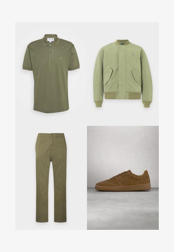 Chaqueta bomber verde con cuello y puños acanalados, dos bolsillos frontales en ángulo y un pequeño logo de Lacoste en el pecho. Textura de tela suave.; Polo de color verde oliva, de manga corta, con tapeta de dos botones, cuello acanalado, que presenta un logotipo bordado de Lacoste en el lado izquierdo del pecho. Material de algodón.; Pantalones de algodón ligeros de color verde oliva, con cintura elástica, cierre de botón y diseño de pierna recta. Sin patrones ni detalles visibles.; Zapatilla deportiva de ante marrón con cordones color beige y suela de goma. Presenta una puntera redondeada y detalles cosidos en la parte superior. Diseño ligero.