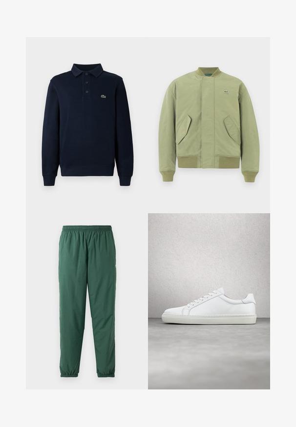 Roheline pommitaja jakk, ribaga krae ja mansetid, kaks nurga all asuvat esikotti ning väike Lacoste logo rinnal. Sile kangast tekstuur.; Tumedat sinise pikkade varrukatega polo särk, millel on nööpplaastriga ja väike roheline krokodillilogo rinnal.; Roheline, kerge, elastne pükste komplekt kogutud talje ja varrukatega, valmistatud siledast veekindlast materjalist.; Valge tennisetoss, millel on sile nahk pealis ja madal profiil. Omab ümarat ninaosa, kuut silmust ja tekstuuriga kummist talda.