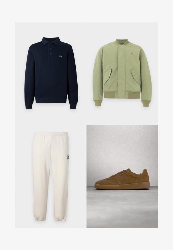 Chaqueta bomber verde con cuello y puños acanalados, dos bolsillos frontales en ángulo y un pequeño logo de Lacoste en el pecho. Textura de tela suave.; Camisa polo de manga larga azul marino con tapeta de botones y pequeño logo de cocodrilo verde en el pecho.; Pantalones de chándal de color beige claro, hechos de algodón, con una cinturilla elástica, puños acanalados y un logo verde con diseño de hoja en la pierna izquierda.; Zapatilla deportiva de ante marrón con cordones color beige y suela de goma. Presenta una puntera redondeada y detalles cosidos en la parte superior. Diseño ligero.