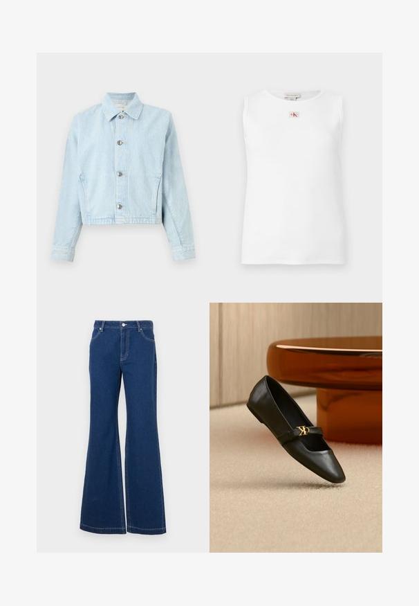 Lyseblå denimjakke med subtilt quiltet mønster, knaplukning foran, spids krave, lange ærmer og tætsiddende manchetter.; Hvid ærmeløs top med ribstruktur og et lille rødt og sort Calvin Klein-logo centreret under halsudskæringen.; Mørkeblå sænkede jeans lavet af denim. Funktioner inkluderer bæltesløjfer, forreste lommer og kontraststing. Bred benåbning.; Sort læder flad sko med spids tå og gyldent CK-logo på rem, placeret på beige tæppe nær et rundt ravbrunt bord.