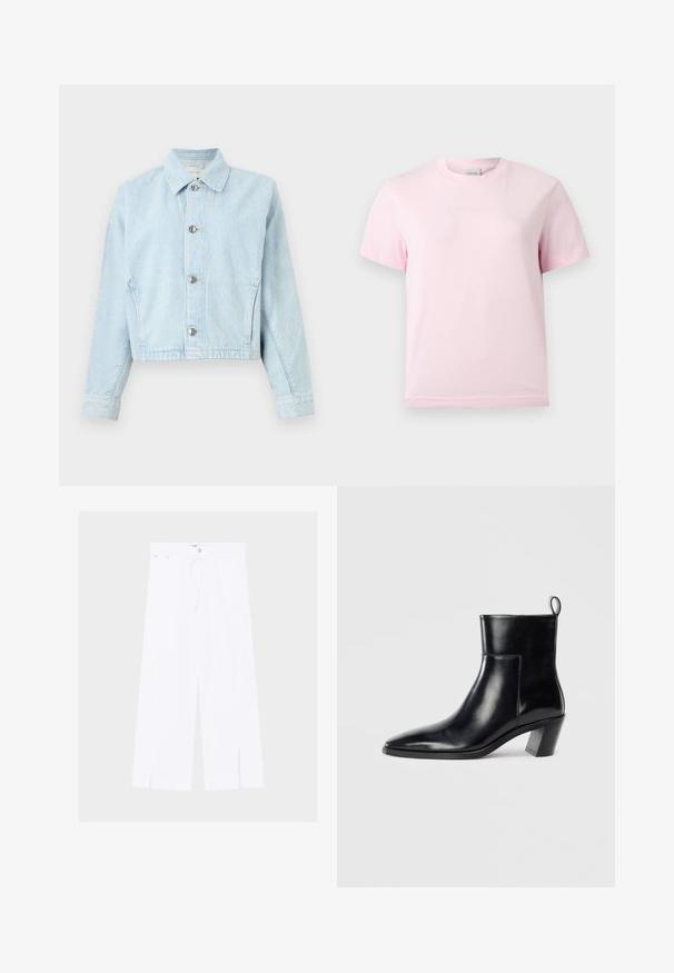 Hellblaue Jeansjacke mit dezentem Steppmuster, durchgehender Knopfleiste, spitzem Kragen, langen Ärmeln und eng anliegenden Bündchen.; Hellrosa Kurzarm-T-Shirt mit Rundhalsausschnitt und dezentem, erhabenem "Calvin Klein"-Logo in der Mitte der Brust.; Weiße Hose mit weitem Bein, vorderen Schlitzen am Saum, Knopf- und Reißverschluss sowie schmalem Bund mit Gürtelschlaufen.; Schwarze Leder-Ankleboots mit spitzem Zeh, geometrischem Blockabsatz und einem Zugband hinten. Glatte Textur und elegantes Design.