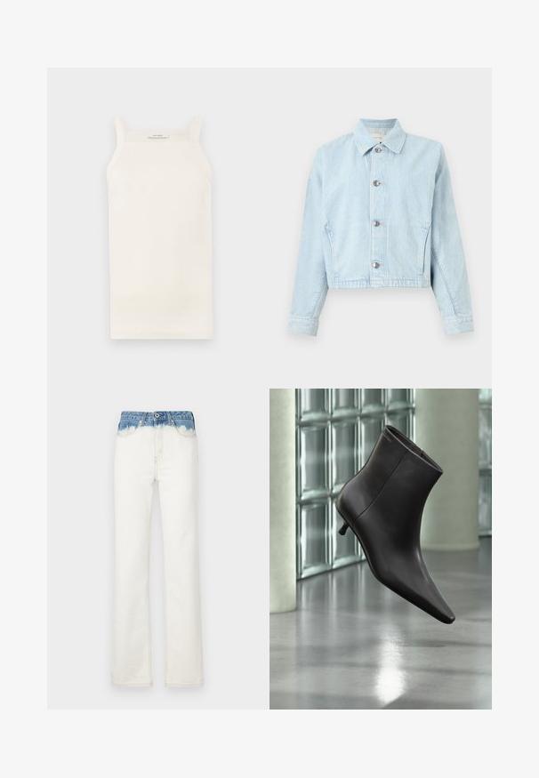 Lyseblå denimjakke med subtilt quiltet mønster, knaplukning foran, spids krave, lange ærmer og tætsiddende manchetter.; Cremefarvet ribbet tanktop med tynde stropper, tætsiddende design og lige kant. Etiketten siger "IVY OAK." Materialet ser blødt og strækbart ud.; Bredde ben jeans med en hvid krop og blå gradient denim talje, udstyret med lynlås, fem lommer og subtile syning detaljer.; Sort læderankelstøvle med spids tå og lille hæl vist mod en væg af glasblokke og poleret gulv baggrund.
