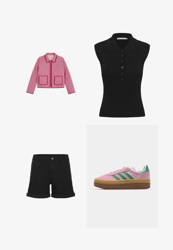 Rød og hvid gingham lynlåstrøje med to forlommer og en spids krave, med en pink leopardprint for.; Sort ærmeløs ribstrikket top med bred krave og en forreste række med seks sorte knapper.; Sorte denimshorts med optrukne kanter, lukkes foran med knap og lynlås samt forlommer.; Lyserøde ruskindsneakers med grønne striber, hvide accenter og en brun gummisål. Har tekstureret stof og logodetaljer på siden.
