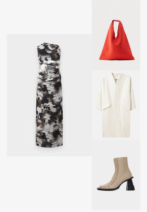 Cremefarvet midilængde frakke med en afslappet pasform, kimono-inspirerede ærmer og to forlommer. Blødt, glat stof, minimalistisk design.; Maxi kjole i blødt stof med et sort, hvidt og gråt blomsterprint. One-shoulder design med rynkedetaljer ved taljen.; Beige læder ankelstøvle med firkantet tå, synlige sømme og chunky sort skulptureret blokhæl på hvid baggrund.; Rød trekantet stofindkøbstaske med top håndtag og synlige sømdetaljer, stående oprejst mod en lysegrå baggrund.