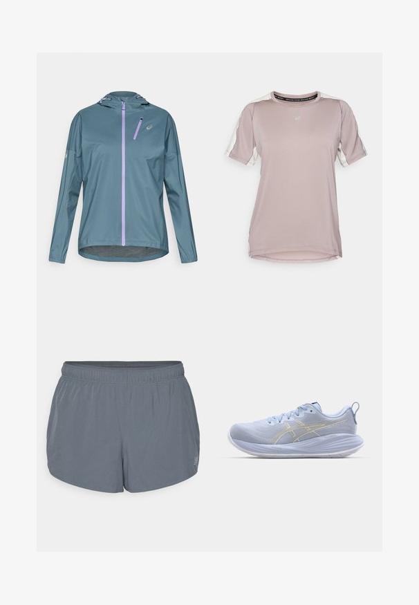 Chaqueta ligera para correr de color verde azulado con cremallera morada, capucha ajustable y puños elásticos. Cuenta con un pequeño bolsillo con cremallera en el pecho.; ASICS FUJITRAIL ELITE TOP - Camiseta deportiva - rainstorm grey/cream; Pantalones cortos deportivos grises con una textura suave, cintura elástica y un dobladillo ligeramente curvado. Presenta pequeñas perforaciones para una mayor transpirabilidad.; Zapatillas deportivas de color azul claro con parte superior texturizada, suela blanca y rayas doradas. Incluyen cordones y una pestaña de agarre en la parte trasera.