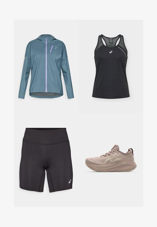 Letvægts, turkis løbejakke med lilla lynlås, justerbar hætte og elastiske manchetter. Har en lille lynlåslomme på brystet.; Sort Asics ærmeløs atletisk top med mesh skulderpaneler og hvidt logo på brystet samt teksten "SOUND MIND SOUND BODY" nær skulderen.; Sorte atletiske shorts med en glat tekstur, tætsiddende design og høj talje. Har kontrasterende syninger og et lille logo på underbenet.; Lyserød løbesko med et strømlinet design, tekstureret overdel og en puffet sål. Har et logo og et minimalistisk snøresystem.