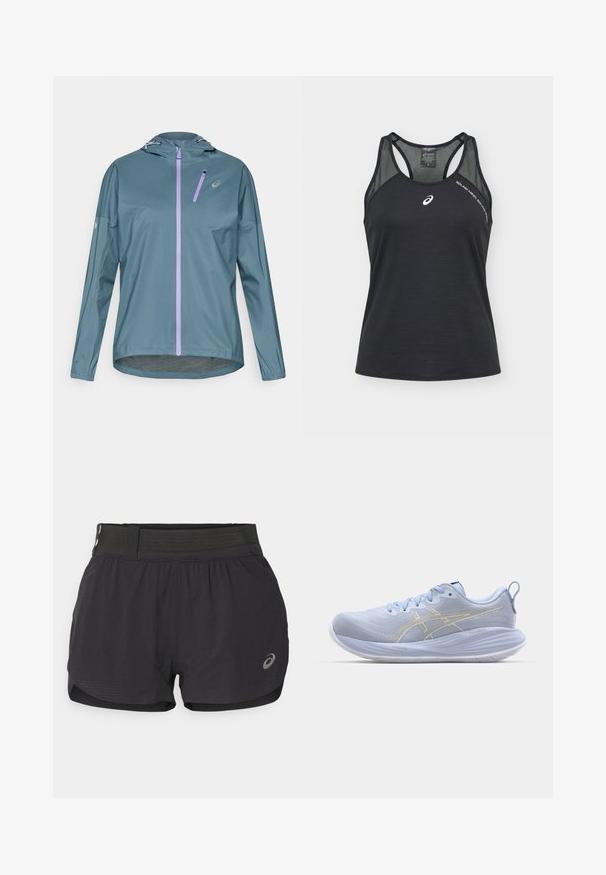 Lichtgewicht, turquoise hardloopjack met een paarse ritssluiting, verstelbare capuchon en elastische manchetten. Voorzien van een klein zakje met ritssluiting op de borst.; Zwarte mouwloze Asics sporttop met mesh schouderpanelen, wit logo op de borst en tekst "SOUND MIND SOUND BODY" nabij de schouder.; Zwarte hardloopshorts met een gaasband, met een zachte textuur, een korte lengte en een klein logo aan de onderzijde rechts.; Lichtblauwe sport schoenen met een gestructureerde bovenkant, witte zool en gouden accentstrepen. Kenmerken zijn onder andere veters en een trekhaak aan de achterkant.