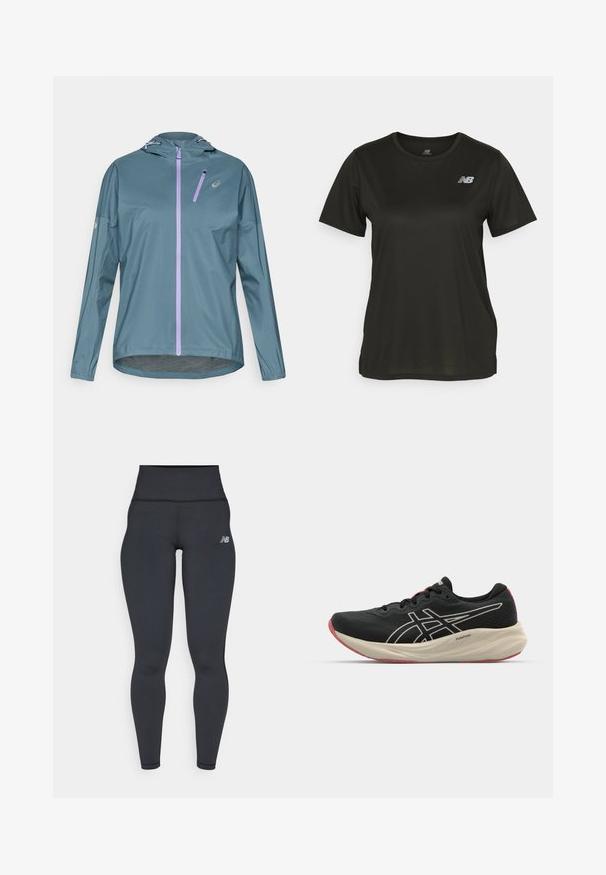 Chaqueta ligera para correr de color verde azulado con cremallera morada, capucha ajustable y puños elásticos. Cuenta con un pequeño bolsillo con cremallera en el pecho.; Camiseta negra de manga corta hecha de una tela suave, con un escote redondo y un logo blanco reflectante en el lado izquierdo del pecho.; Leggings atléticos negros de cintura alta con un diseño ajustado, textura suave y un pequeño logo blanco en la cadera izquierda.; Zapatilla de running negra con parte superior de malla y acentos en blanco. Cuenta con una entresuela acolchada y detalle en la suela roja. Diseño ligero.