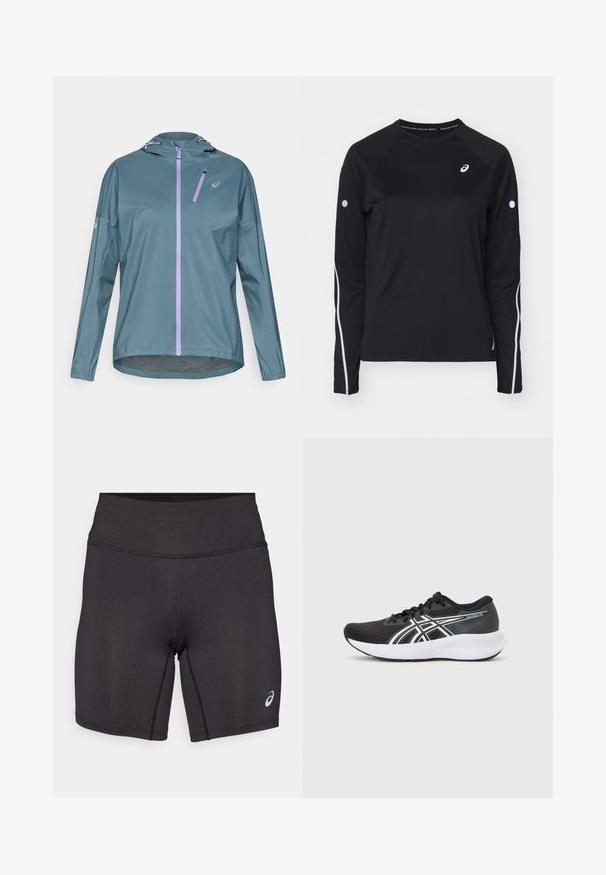Chaqueta ligera para correr de color verde azulado con cremallera morada, capucha ajustable y puños elásticos. Cuenta con un pequeño bolsillo con cremallera en el pecho.; Camiseta atlética negra de manga larga con mangas raglán, franjas reflectantes blancas a los lados y cuello redondo. Cuenta con un pequeño logo en el pecho.; Pantalones cortos deportivos negros con una textura suave, diseño ajustado y una cinturilla alta. Presentan costuras en contraste y un pequeño logo en la parte inferior de la pierna.; Zapatillas deportivas negras con parte superior de malla texturizada, acentos en blanco y una suela blanca acolchada. Presenta un logotipo en el lateral y cordones.