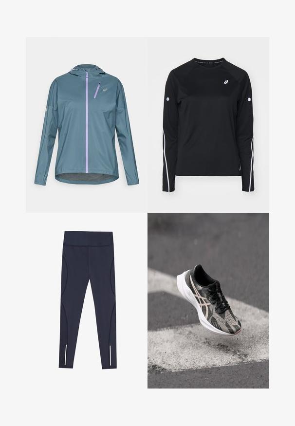 Veste de course légère couleur sarcelle avec une fermeture éclair violette, une capuche ajustable et des poignets élastiques. Dispose d'une petite poche zippée sur la poitrine.; T-shirt de sport noir à manches longues avec des manches raglan, bandes réfléchissantes blanches sur les côtés et col rond. Présente un petit logo sur la poitrine.; Leggings bleu marine en tissu extensible, dotés d'une taille haute et de coutures latérales arrondies, avec des accents réfléchissants au niveau des ourlets des chevilles.; Baskets de course noires et grises avec une tige texturée, dotées d'un système de laçage et d'une semelle blanche. Agrémentées de détails réfléchissants.