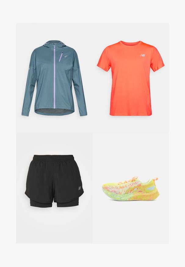 Chaqueta ligera para correr de color verde azulado con cremallera morada, capucha ajustable y puños elásticos. Cuenta con un pequeño bolsillo con cremallera en el pecho.; Camiseta atlética de manga corta en un vibrante color naranja con un pequeño logotipo blanco de New Balance en el lado izquierdo del pecho, presentada sobre un fondo sencillo.; Pantalones cortos deportivos negros con una cintura elástica, que presentan un diseño en capas y un forro interior. La tela parece ligera y suave.; ASICS NOOSA TRI 16 - Zapatillas running asfalto - safety yellow/cool matcha