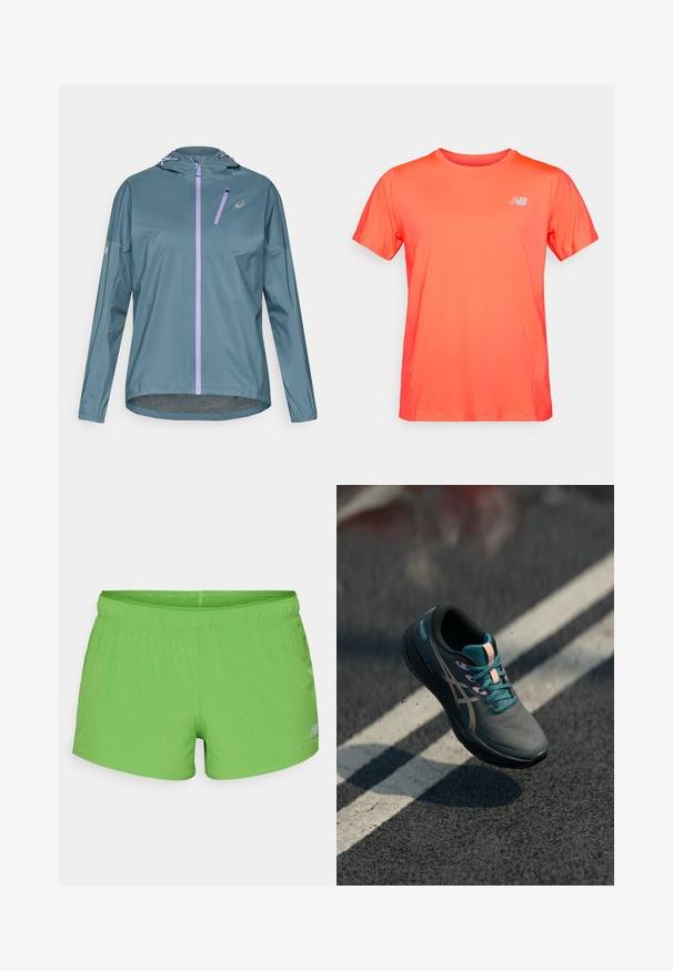 Lichtgewicht, turquoise hardloopjack met een paarse ritssluiting, verstelbare capuchon en elastische manchetten. Voorzien van een klein zakje met ritssluiting op de borst.; Felrood sport T-shirt met korte mouwen en een klein wit New Balance-logo op de linkerborst, weergegeven op een effen achtergrond.; New Balance RC SHORT 3" - Trainingsbroek - alpine green; Lichte grijze sportieve schoen met een gestructureerde bovenkant, teal veters, roze accenten en een gebogen zwarte zool, met branding aan de zijkant.