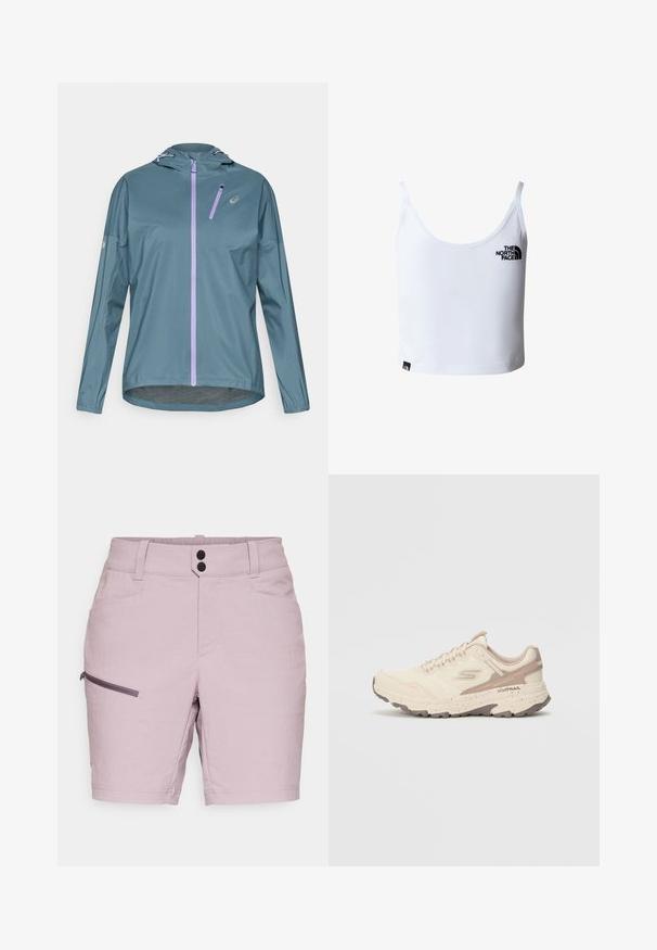Lichtgewicht, turquoise hardloopjack met een paarse ritssluiting, verstelbare capuchon en elastische manchetten. Voorzien van een klein zakje met ritssluiting op de borst.; Witte cropped tanktop met dunne bandjes, met het zwarte The North Face-logo op de borst en vlak bij de onderzoom.; Lichtpaarse shorts met een gladde textuur, voorzien van een ritszak aan de zijkant, twee voorzakken en een tailleband met twee knopen.; Beige hardloopschoen met een gestructureerde mesh bovenkant, verstevigde neus, contrasterende accenten en een gevoerde zool met een robuust loopvlak.