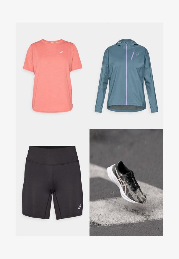 Lichtgewicht, turquoise hardloopjack met een paarse ritssluiting, verstelbare capuchon en elastische manchetten. Voorzien van een klein zakje met ritssluiting op de borst.; ASICS ROAD TOP - Sport T-shirt - dark pink clay; Zwarte sportieve shorts met een gladde textuur, een aansluitend ontwerp en een hoge tailleband. Voorzien van contrasterende stiksels en een klein logo op het onderbeen.; Zwarte en grijze hardloopschoen met een gestructureerde bovenkant, voorzien van een vetersluiting en een witte zool. Accenten met reflecterende details.
