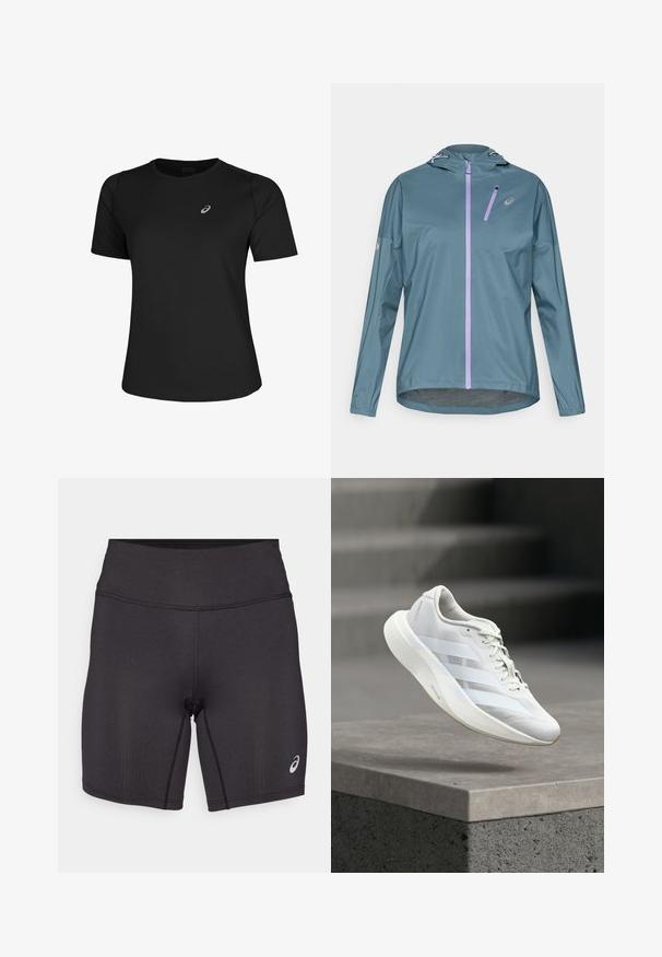 Leichte, türkisfarbene Laufjacke mit lila Reißverschluss, verstellbarer Kapuze und elastischen Bündchen. Verfügt über eine kleine Reißverschlusstasche auf der Brust.; Schwarzes Sport-T-Shirt aus glattem Material, mit Rundhalsausschnitt und kurzen Ärmeln. Es verfügt über ein reflektierendes Logo auf der linken Vorderseite.; Schwarze Sportshorts mit glatter Textur, figurbetontem Design und hohem Bund. Mit kontrastierenden Nähten und einem kleinen Logo am unteren Bein.; Weißer Sportschuh mit strukturiertem Obermaterial, drei seitlichen Streifen, gepolsterter Sohle und abgerundetem Zehenbereich, positioniert über einer Betonfläche.