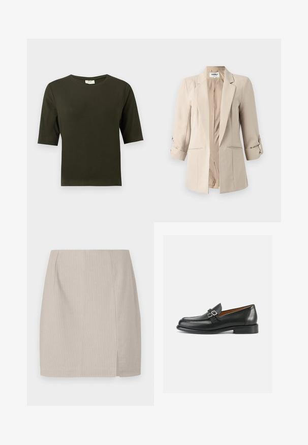 Blazer beige avec une coupe ajustée, des revers à encoches et des manches retroussées. Dispose de deux poches avant et d'une fermeture à boutons. Texture de tissu lisse.; T-shirt à manches courtes vert foncé avec un col rond, fabriqué dans un tissu doux, présentant un design simple et droit.; Jupe crayon beige avec une texture rayée, une coupe droite et une fente sur le côté pour plus de mouvement. Fabriquée en tissu léger.; Mocassins en cuir noir avec un design cousu, comportant un double accent boucle et un talon légèrement surélevé pour plus de hauteur.