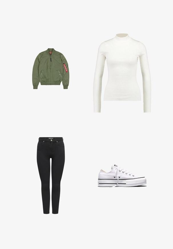 Olijfgroene bomberjack met ritssluiting aan de voorkant, geribbelde boorden en zoom, zijzakken en een ritszak op de mouw met een rood stoffen label.; Geribbelde witte lange mouw turtleneck top met een fitted ontwerp en gladde textuur, voorzien van een hoge halslijn en slanke silhouet.; Zwarte, hoge taille, skinny jeans met voor- en achterzakken, riemlussen en knoopsluiting.; Witte lage canvas sneaker met witte veters, zwarte strepen op de zool en een rubberen, getextureerde neuskap, zijaanzicht op een witte achtergrond.