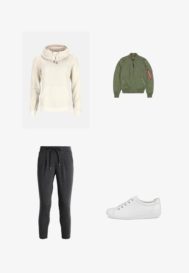 Veste bomber vert olive avec fermeture éclair devant, poignets et ourlet côtelés, poches latérales, et une poche zippée sur la manche avec une étiquette en tissu rouge.; Sweat à capuche beige à manches longues, col montant, cordons blancs, poche kangourou sur le devant et petit logo "Swedemount" sur la poitrine.; Pantalons de survêtement taille basse gris foncé avec cordon de serrage à la taille, devant plissé, texture douce et design à longueur de cheville. Idéal pour un port décontracté.; Baskets basses blanches en cuir avec lacets à l'avant, bout arrondi et logo discret embossé sur le côté.