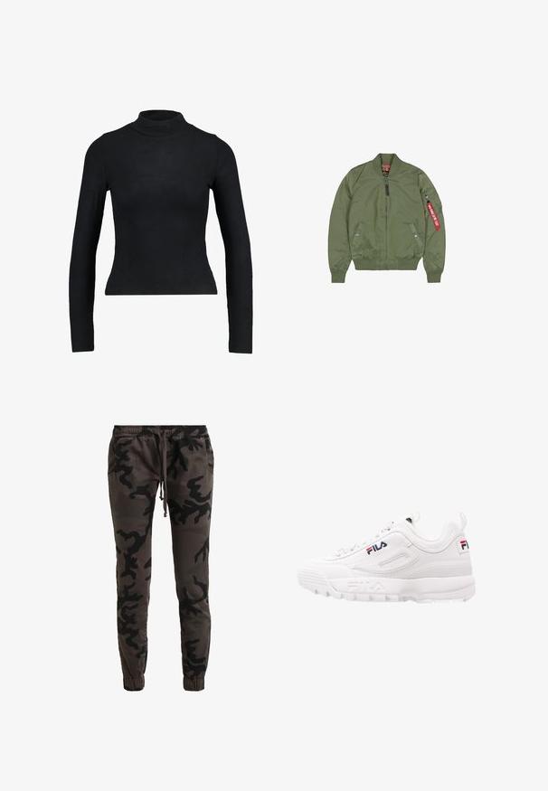Olijfgroene bomberjack met ritssluiting aan de voorkant, geribbelde boorden en zoom, zijzakken en een ritszak op de mouw met een rood stoffen label.; Zwart langemouwen turtleneck top gemaakt van ribbelstof, met een aansluitend ontwerp en slanke silhouette. Geen patronen of accenten.; Camo joggers in donkergrijs en zwart, gemaakt van een zachte katoenmix. Heeft een elastische tailleband met trekkoord, zijzakken en taps toelopende manchetten.; Witte sportieve sneaker met een gewatteerde kraag, bovenwerk van mesh en synthetisch leer, logobewerking in rood en marineblauw, en een dikke rubberen zool.