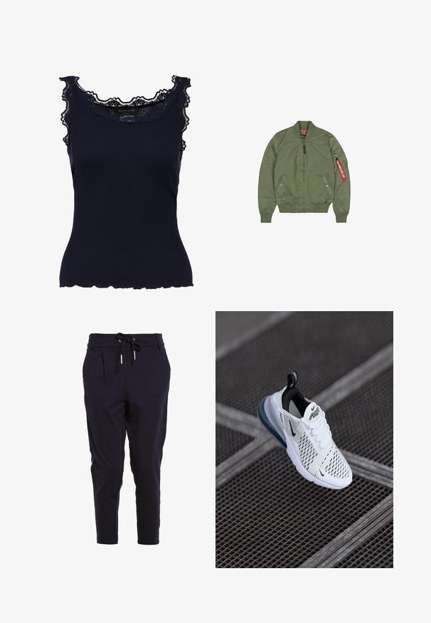 Veste bomber vert olive avec fermeture éclair devant, poignets et ourlet côtelés, poches latérales, et une poche zippée sur la manche avec une étiquette en tissu rouge.; Débardeur côtelé marine avec une bordure en dentelle le long de l'encolure et des épaules, présentant un ourlet en dents de scie et une coupe ajustée. Texture de tissu douce.; ONLY ONLPOPTRASH PIPING PANT - Pantalon de survêtement - night sky; Baskets blanches avec une tige en mesh, accents noirs et un coussin d'air visible dans la semelle. Elles présentent un design à laçage et une languette.