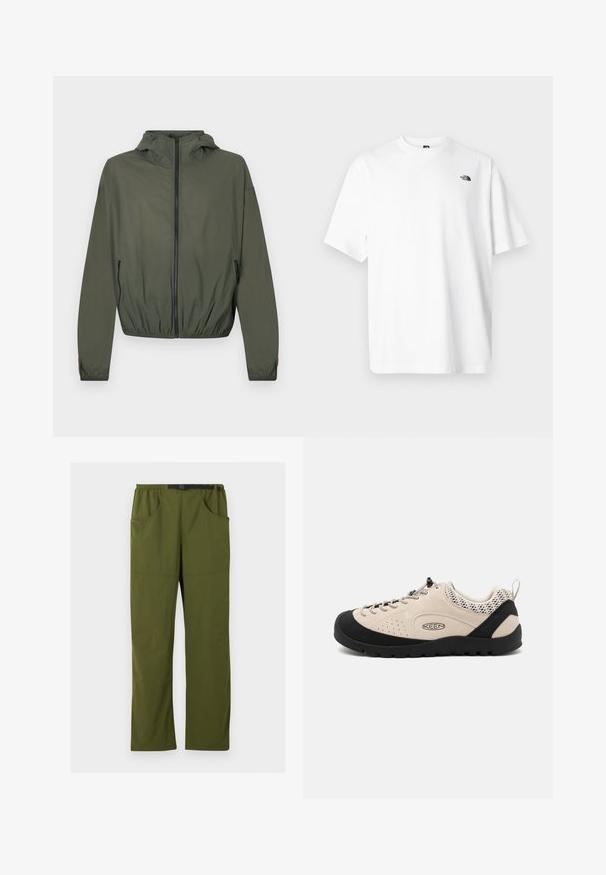Olijfkleurig lichtgewicht jack met capuchon, volledige ritssluiting, elastische manchetten en een geplooide tailleband. Voorzien van zijritszakken.; Wit katoenen T-shirt met korte mouwen, V-halsontwerp, met een klein zwart logo aan de linker bovenzijde. Zachte textuur, comfortabele pasvorm.; Olijfgroene rechte broek met elastische tailleband en zwarte verstelbare gesp, voor- en zijzakken, detail met naad aan de voorkant.; Beige suède schoen met zwarte rubberen neuzen en zool, voorzien van een vetersluiting en ademende mesh accenten op de hiel.