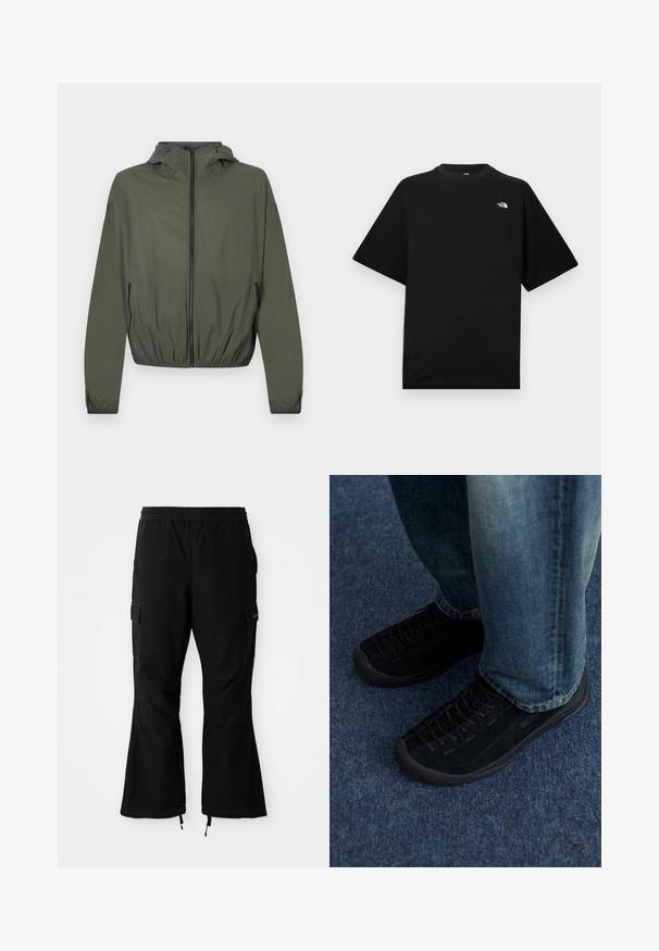 Chaqueta ligera de color verde oliva con capucha, cierre completo con cremallera, puños elásticos y cinturilla fruncida. Cuenta con bolsillos laterales con cremallera.; Camiseta negra de manga corta con cuello redondo y pequeño logo blanco de The North Face en la parte superior izquierda del pecho.; Pantalones cargo negros con cintura elástica, con bolsillos laterales y piernas acampanadas con cremalleras en los puños, exhibidos sobre un fondo blanco.; Zapatillas de ante negro con superficie texturizada, cordones sutiles y suelas de goma duraderas, combinadas con jeans de denim azul.