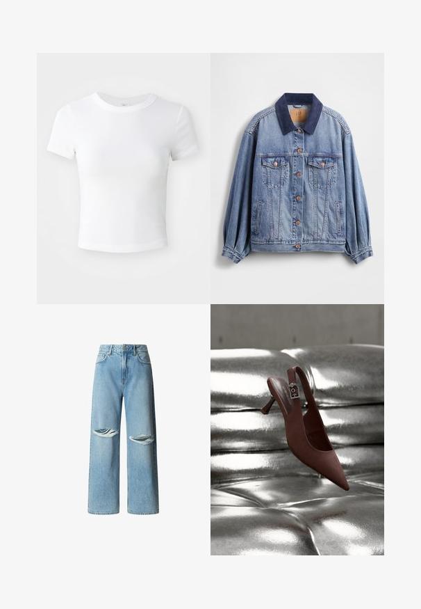 Hellblaue Jeansjacke mit marineblauem Cordkragen, Kupferknöpfen, zwei Brusttaschen und Seitentaschen; mit lockerem Schnitt und plissierten Ärmeln.; Weißes, kurzärmeliges, cropped T-Shirt mit Rundhalsausschnitt, auf einem neutralen, hellen Hintergrund präsentiert.; Hellblaue High-Waist Jeans mit weitem Bein, ausgefransten horizontalen Rissen an beiden Knien, vorderen Taschen und einem Bund mit Knopfverschluss.; Brauner spitzer Slingback-Schuh mit niedrigem Absatz und Schnallenriemen, der auf einer glänzenden, silbermetallischen, gesteppten Oberfläche ruht.