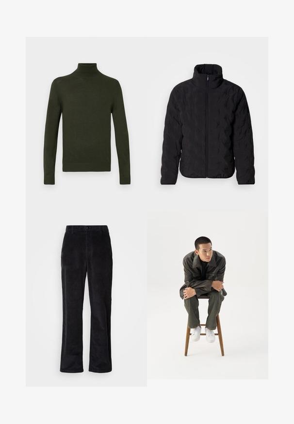 Sort dunjakke med høj krave og fuld lynlås foran. Har quiltet tekstur og elastiske manchetter for tæt pasform. Letvægtsdesign.; Grøn turtleneck sweater lavet af blødt stof med lange ærmer, ribbede manchetter og kant, der har en tætsiddende silhuet og en glat overflade.; Fløjlsbukser i mørk sort med et lige ben-design, der har knaplukning, bæltestropper og sidelommer til funktionel brug.; Ung mand i mørk læderjakke og jeans sidder på en træskammel, læner sig fremad med armene krydset og kigger til siden mod hvid baggrund.