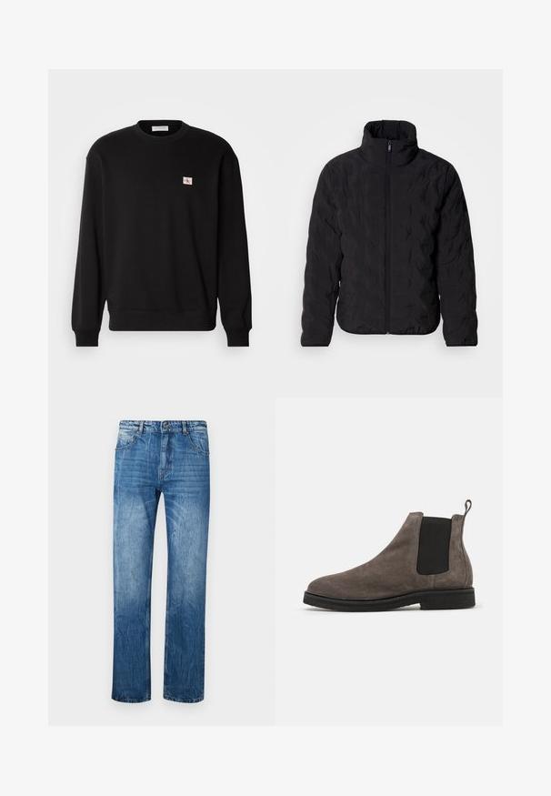 Zwarte pufferjas met een hoge kraag en een volledige ritssluiting aan de voorkant. Heeft een doorgestikte textuur en elastische manchetten voor een aansluitende pasvorm. Lichtgewicht ontwerp.; Zwarte katoenen crewneck sweatshirt met lange mouwen, voorzien van een klein, rechthoekig logo-patch op de borst en geribbelde manchetten.; Blauwe spijkerbroek met een rechte snit, voorzien van vijf zakken, riemlussen en subtiele vervaging over de stof.; Grijze suède Chelsea boot met elastische zijkanten, ronde neus en trekband. Platte zwarte rubberen zool. Eenvoudig en strak ontwerp.