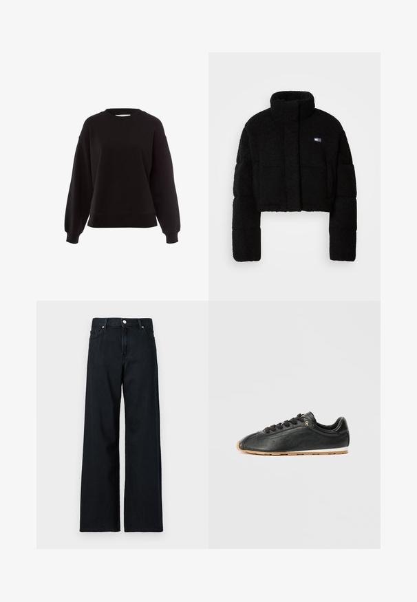 Schwarze, kurze Jacke mit strukturiertem Design, hoher Kragen, gepolsterten Ärmeln und einem weichen, strukturierten Material. Kleines Logo auf der Vorderseite.; Schwarzer Sweatshirt aus weichem Material, mit rundem Halsausschnitt, überschnittenen Schultern und gerippten Bündchen in einem lässigen Schnitt.; Weite Jeans in dunklem Denim, mit Knopfverschluss, fünf Taschen und sichtbaren Nähten. Das Material wirkt robust mit einer glatten Textur.; Schwarze Ledersneaker mit abgerundetem Zehenbereich, strukturiertem Obermaterial und Perforationen. Verfügt über schwarze Schnürsenkel, ein goldfarbenes Logo-Detail und eine Gummisohle.