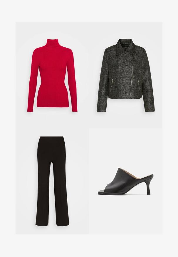 Chaqueta negra corta con textura metálica, que presenta un cuello puntiagudo, cremallera asimétrica y dos bolsillos con cremallera en los laterales.; Suéter rojo de cuello alto con acanalado, mangas largas, tejido texturizado, silueta ajustada y cuello alto. Sin adornos visibles.; Pantalones de pierna ancha negros, fabricados en una tela suave, con una cinturilla alta ajustada y sin hardware o patrones visibles.; Selected ASHLEY - Mules de tacón - black