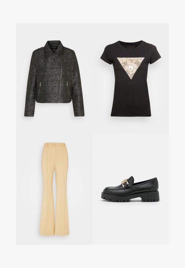 Sort cropped jakke med metallic tekstur, der har en spids krave, asymmetrisk lynlås og to sidelommer med lynlås.; Sort t-shirt med korte ærmer, med et metallic leopardprint trekant design og "GUESS" logo, rund halsudskæring og fitted silhuet.; Guess Originals CLAIRE PINTUCK FLARED PANTS - Bukser - honey oat; Sorte læder loafers med en kraftig sål og guldhardware; har rund tå og syede detaljer langs overdelen.