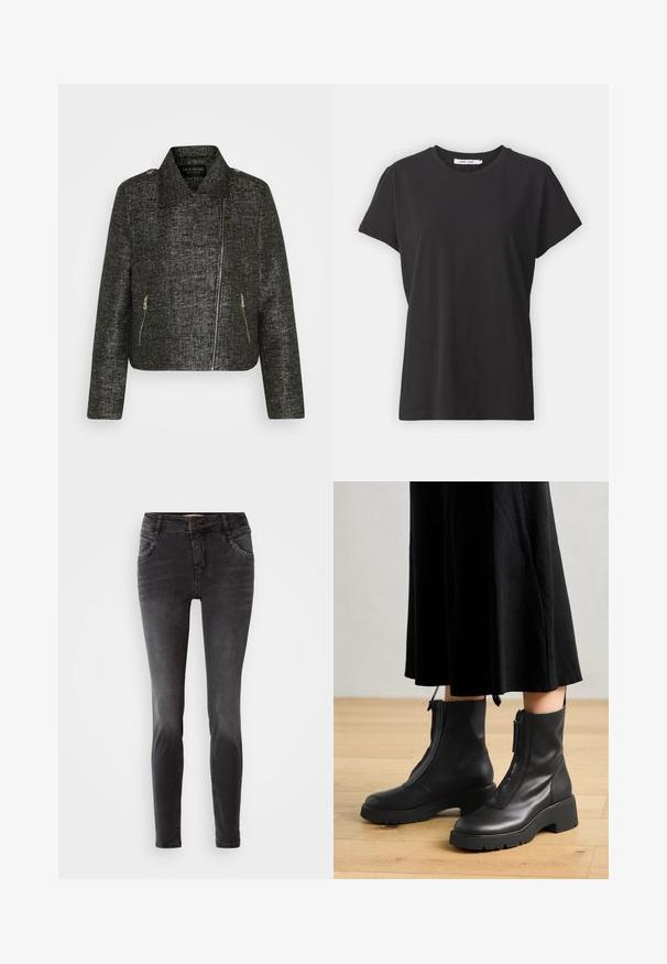 Schwarze cropped Jacke mit metallischem Glanz, ausgestattet mit einem spitzen Kragen, asymmetrischem Reißverschluss und zwei seitlichen Reißverschlusstaschen.; Schwarzes Baumwoll-T-Shirt mit klassischem Rundhalsausschnitt, kurzen Ärmeln und lockerer Passform. Glatte Textur, keine sichtbaren Muster oder Akzente.; Schwarze Slim-Fit-Jeans aus Denim, mit einem frontalen Knopfverschluss, Nietenverzierungen an den Taschen und einer glatten Textur.; Schwarze Lederstiefeletten mit einer dicken Plattformsohle und einem Reißverschluss vorne. Glatte Textur mit einem minimalistischen Design.