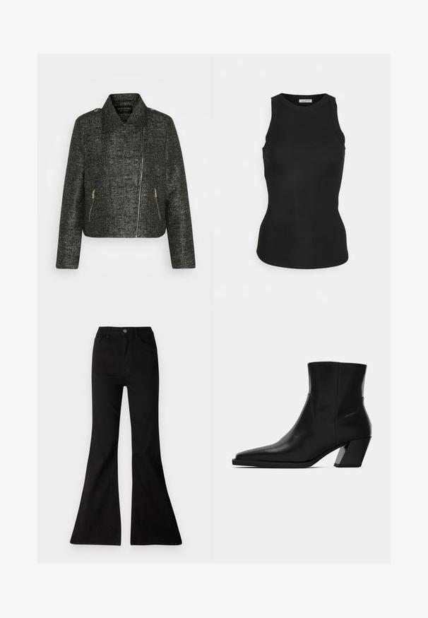 Sort cropped jakke med metallic tekstur, der har en spids krave, asymmetrisk lynlås og to sidelommer med lynlås.; Sofie Schnoor Top - black; Sorte flared jeans lavet af denim, med høj talje, forlommer og en stor åbning ved kanten for en vid benlængde.; Sortlæder ankelstøvle med spids tå, en slank silhuet og en kraftig firkantet hæl. Glat tekstur med minimale stikninger.
