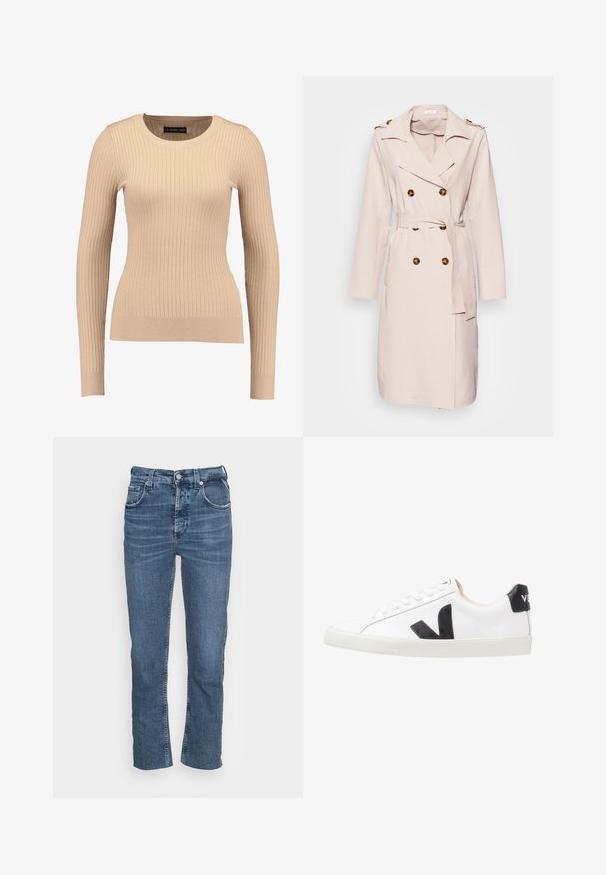 Beige trenchcoat van gladde stof, met een dubbele sluiting, grote knopen en een ceinture taille. Lange mouwen en een reverskraag.; Geribbelde lange mouwen trui in lichtbeige, gemaakt van rekbaar materiaal. Kenmerkt zich door een ronde halslijn en een getailleerde pasvorm met gebande mouwen.; Klassieke lichtblauwe spijkerbroek met een slim straight fit, vijf zakken, rits en een licht vervaagde structuur voor een casual uitstraling.; Witte sneaker met een zwart V-logo, voorzien van een gladleren bovenwerk, ronde neus, vetersluiting en een contrasterende zwarte hieltab.