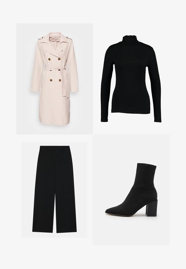 Trench-coat beige en tissu lisse, avec un design croisé, de grands boutons et une taille ceinturée. Manches longues et col à revers.; T-shirt noir à manches longues et col roulé en tissu lisse, avec une coupe ajustée et un col haut, idéal pour les superpositions ou à porter seul.; Pantalons noirs à jambe large en tissu lisse. Dotés d'une taille plate avec passants de ceinture et sans poches visibles. Design simple.; Bottines noires en tissu extensible, à bout pointu et talon carré, avec une bordure côtelée en haut.