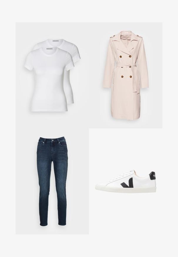 Beige trenchcoat van gladde stof, met een dubbele sluiting, grote knopen en een ceinture taille. Lange mouwen en een reverskraag.; Twee witte katoenen t-shirts met korte mouwen, ronde halslijnen en een getailleerd silhouet, met een zachte textuur en minimalistisch ontwerp.; Donkerblauwe denim jeans met een slim fit, hoge taille, standaard vijf-pocket ontwerp en een ritssluiting met een metalen knoopsluiting.; Witte sneaker met een zwart V-logo, voorzien van een gladleren bovenwerk, ronde neus, vetersluiting en een contrasterende zwarte hieltab.