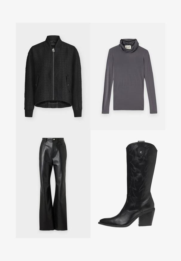 Veste bomber noire texturée avec fermeture éclair devant et deux poches latérales, poignets côtelés et ourlet dos légèrement plus long.; Top gris foncé à manches longues avec un col roulé large et doux et une étiquette "TOVE" à l'intérieur du cou.; Pantalons évasés en cuir noir avec une finition soignée, poches avant et couture contrastante. Comprend une fermeture à bouton et une taille structurée.; Bottine de cowboy en cuir noir avec un bout pointu, un talon haut et des coutures décoratives en motif d'éclairs le long de la tige.