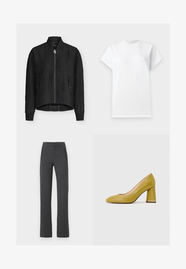 Veste bomber noire texturée avec fermeture éclair devant et deux poches latérales, poignets côtelés et ourlet dos légèrement plus long.; T-shirt blanc uni à manches courtes et col rond, présenté de face sur un fond neutre.; Pantalon droit gris foncé avec poches latérales fendues et taille mi-haute.; Escarpin en cuir vert olive à talon moyen, bout rond, talon bloc, bordure dorée à la base du talon et petit logo doré sur le côté.