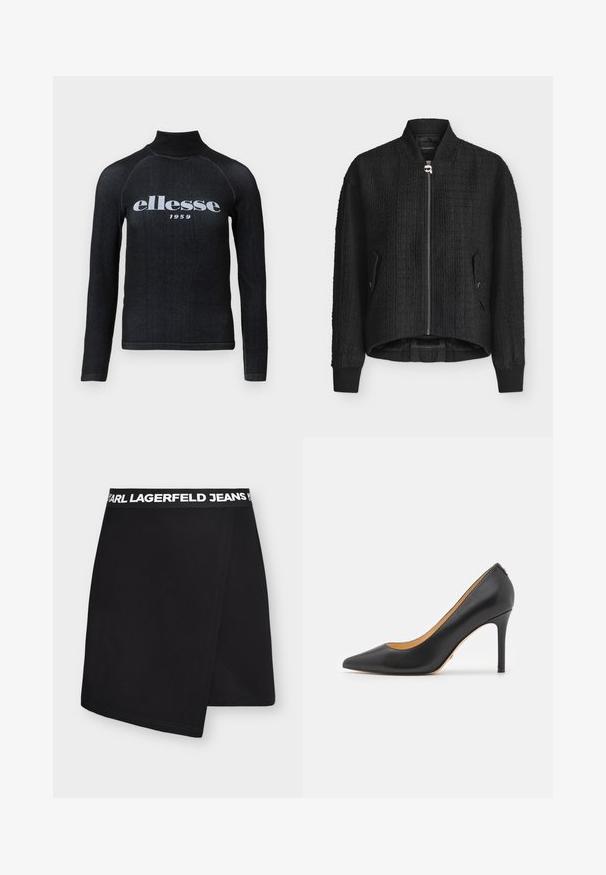 Zwarte bomberjas met textuur, voorrits en twee zijzakken, geribde manchetten en iets langere achterkant.; Zwarte longsleeve top met een hoge kraag, voorzien van een witte bedrukte "ellesse 1959" logo op de borst; zachte, rekbare stof.; Zwarte asymmetrische rok met wikkeldetail en elastische tailleband met witte tekst "KARL LAGERFELD JEANS".; Zwarte leren puntige hakken met een stiletto hak, voorzien van een gladde textuur en een minimalistisch ontwerp. Interieur is gevoerd in een tan kleur.