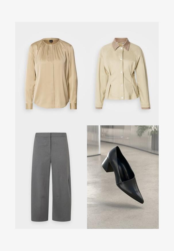Beige jakke med en kontrasterende tan krave, knaplukning med snapknapper og raglanærmer. Funktioner et figursyet design og glat tekstur.; Langærmet skjorte i beige satin med rund halsudskæring, plisseringer foran og knap på ærmerne. Glat tekstur med en afslappet pasform.; Grå skræddersyede bukser med et lige, vidbenet design. Glat tekstur, minimal syning og uden synlige lommer eller pynt.; Sort læderhælesko med spids tå og en kraftig hæl. Har et slankt design og mat tekstur, hævet over en glat overflade.