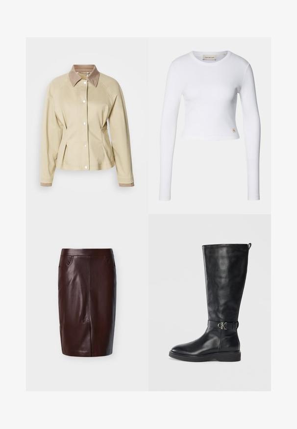 Beige Jacke mit kontrastierendem, hellbraunem Kragen, Druckknopfverschluss und Raglanärmeln. Verfügt über ein tailliertes Design und eine glatte Textur.; Weißes Langarm-Crop-Top aus geripptem Stoff. Verfügt über einen runden Halsausschnitt und ein kleines Logo-Tag auf der linken unteren Seite.; Brauner Leder-Bleistiftrock mit glatter Textur, zwei seitlichen Taschen und vorderer Nahtdetailierung, entworfen für eine schlanke Passform.; Schwarze Lederkniehohe Stiefel mit niedrigem Absatz, runder Spitze und metallischem "CK"-Logo-Riemen um den Knöchel.