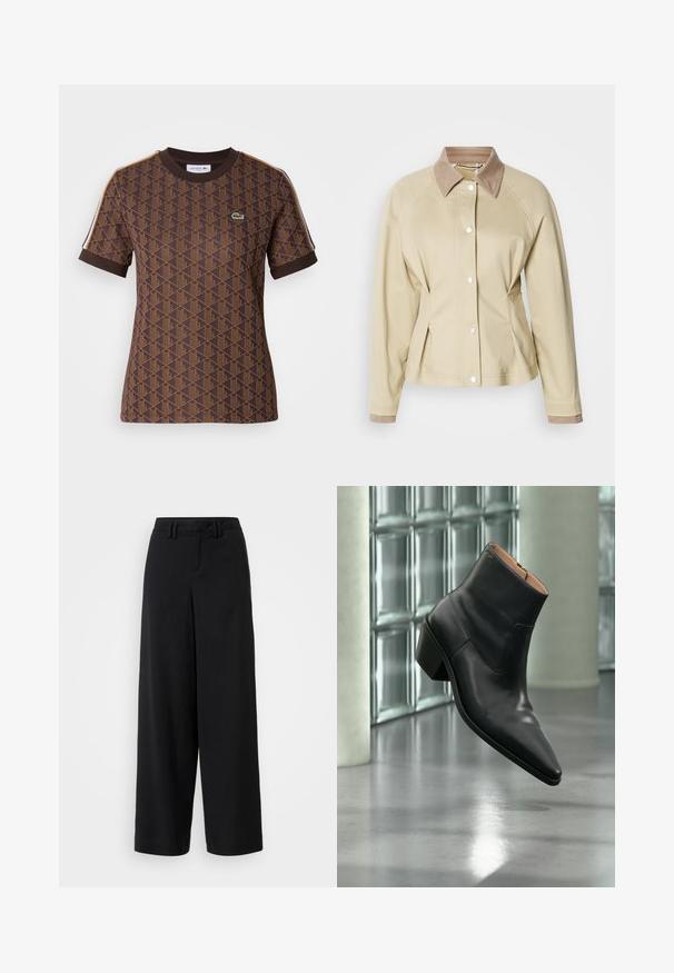 Beige jakke med en kontrasterende tan krave, knaplukning med snapknapper og raglanærmer. Funktioner et figursyet design og glat tekstur.; Brun kortærmet T-shirt med et geometrisk mønster i mørkere brunt, ribbet rund halsudskæring og kontrasterende skulderstriber. Lacoste-logoet er til stede.; Sorte brede bukser lavet af glat stof, med en flad front, plisserede detaljer og bæltestropper i taljen.; Sort læderankelstøvle med spids tå og blokhæl, der svæver over en reflekterende grå gulv nær en væg af glasblokke.