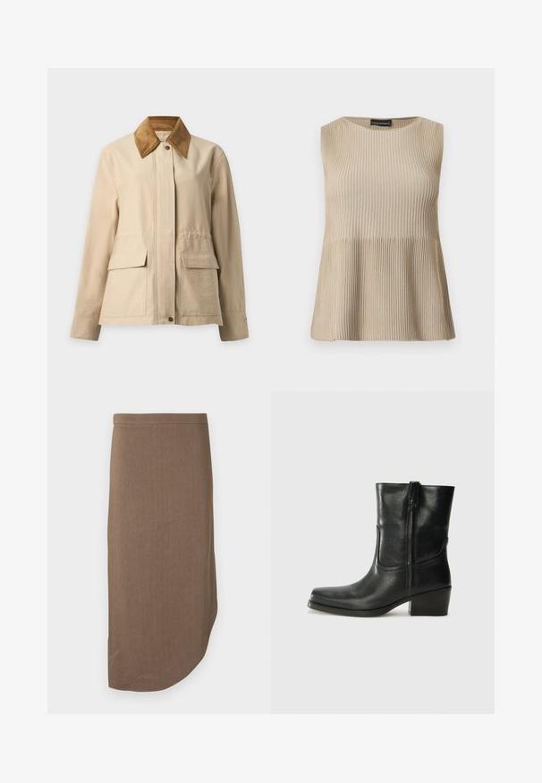 Beige jakke med brun corduroy krave, trykknapper foran, lange ærmer og to store forlommer med klap.; Ærmeløs beige ribstrikket top med rund halsudskæring og udvidet kant, vist på en hvid baggrund.; Brun blyantskørte til knæet med asymmetrisk kant og tilpasset talje, vist mod en hvid baggrund.; Sort læder ankelstøvle med rundt tå, blokhæl, lynlås i siden og stikninger på vampsiden. Glat tekstur, klassisk design.