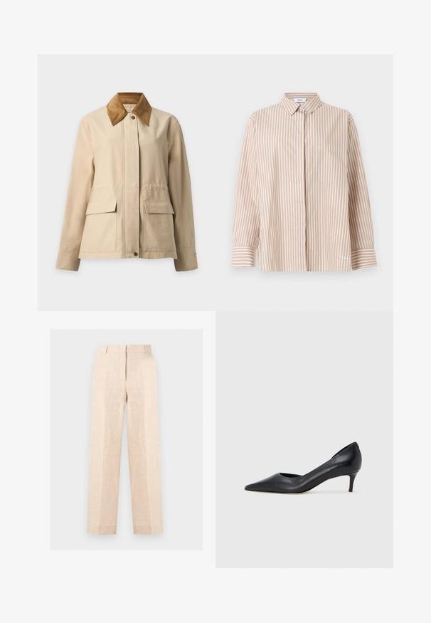 Veste beige avec col en velours côtelé marron, boutons-pression à l'avant, manches longues et deux grandes poches à rabat à l'avant.; Chemise beige et blanche à rayures verticales, manches longues, avec col, poche avant, poignets boutonnés et boutons cachés sur le devant.; Pantalon beige taille haute droit avec pli sur le devant, fermeture éclair dissimulée et passants de ceinture, présenté sur un fond clair uni.; Escarpin en cuir noir avec un bout pointu et un talon bas. Présente une texture lisse et un éclat subtil. Découpe ouverte à l'avant pour un détail supplémentaire.